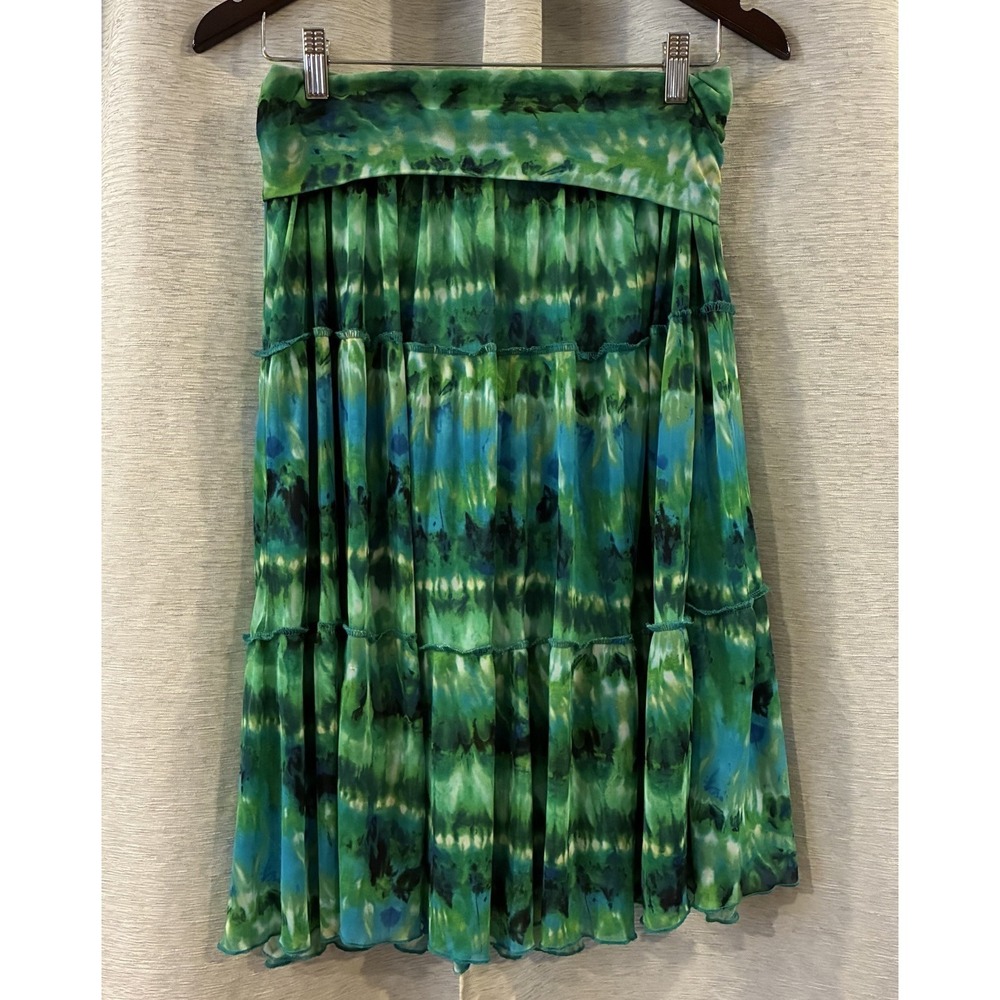 Vtg Y2K A. Byer Green Blue Tie Dye Cotton Tiered Skirt Boho Hippie Festival M